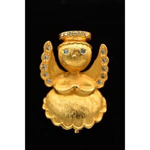 L. Razza Vintage Angel Pin Brooch Brushed Gold Rhinestone Christmas Signed Bin5B